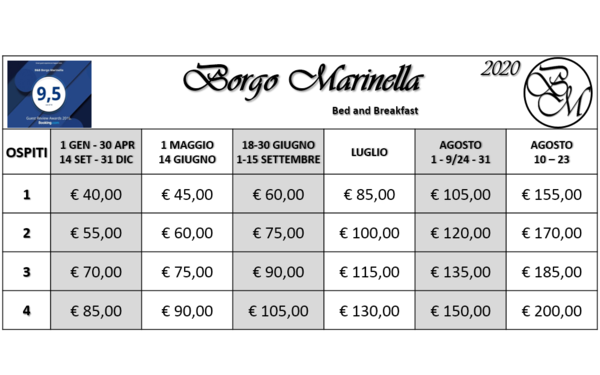 listino prezzi 2020 bed and breakfast borgo marinella